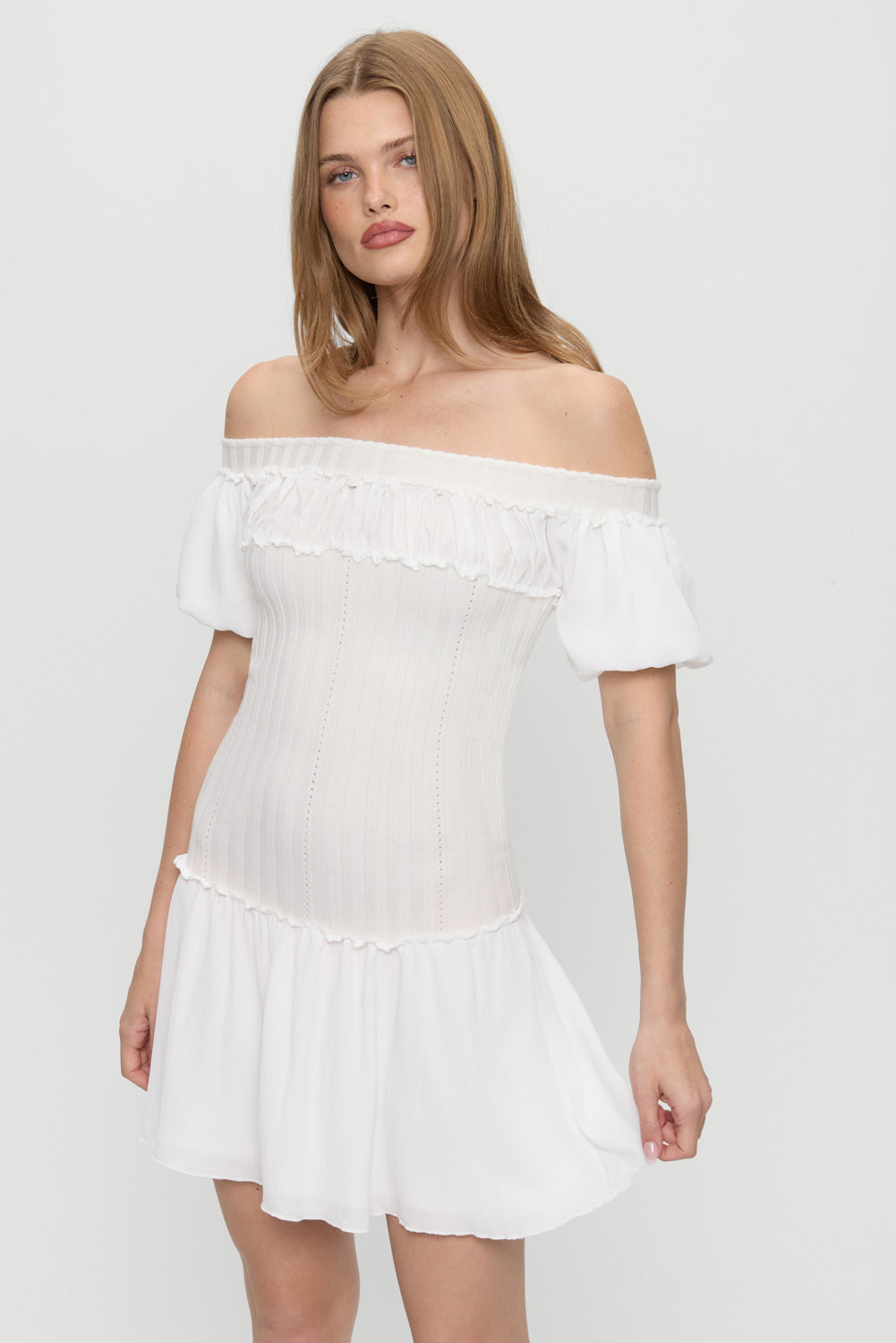lady cloud knit mini dress Frankies Bikinis - Aura Off The Shoulder White dress