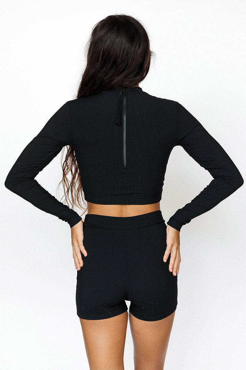 Cropped Rash Guard - Cantaloupe Ribbed, Black Ribbed