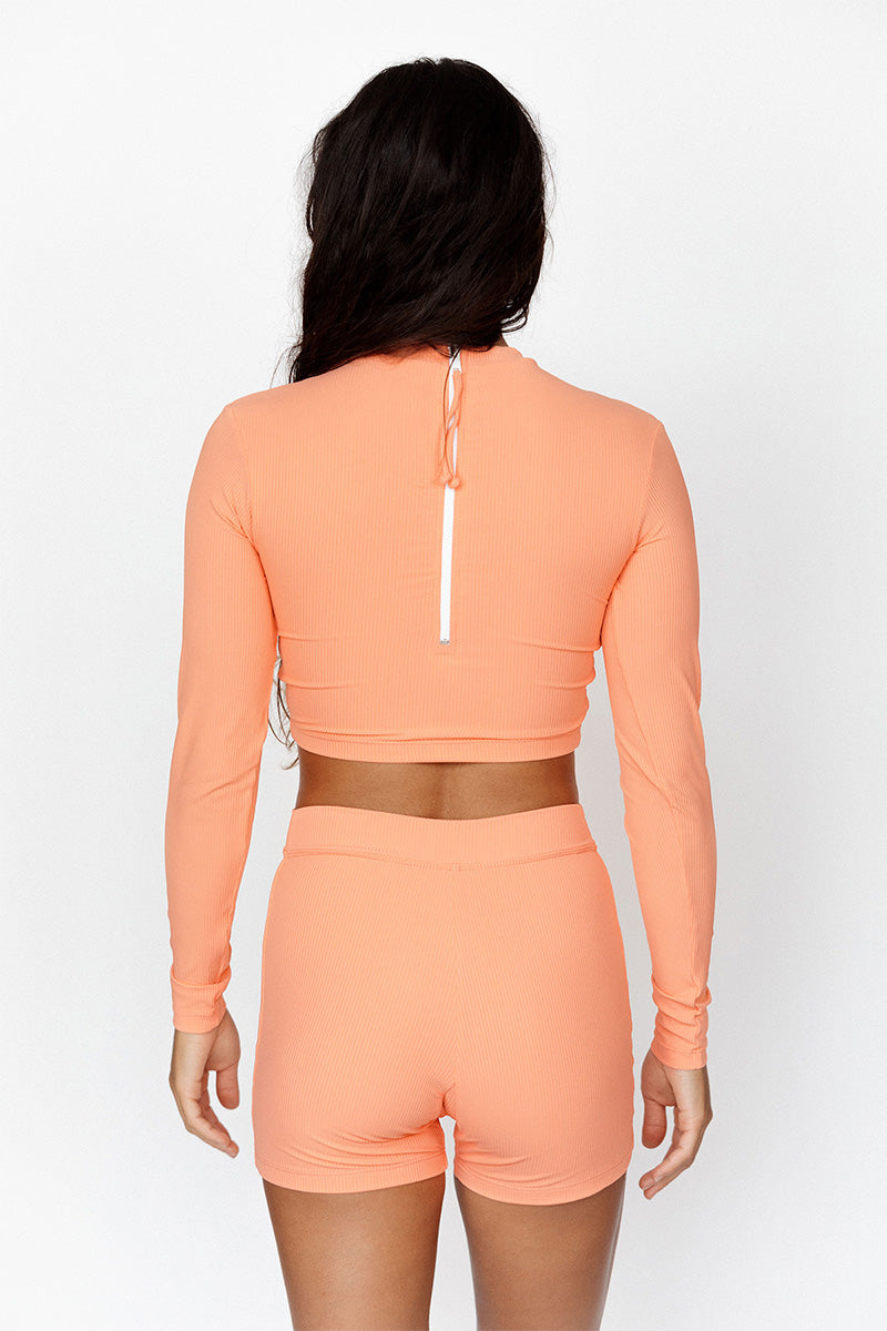 Cropped Rash Guard - Black Ribbed, Cantaloupe Ribbed