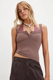 Free People Clean Slate Henley Tank Top (Mink, Ivory)