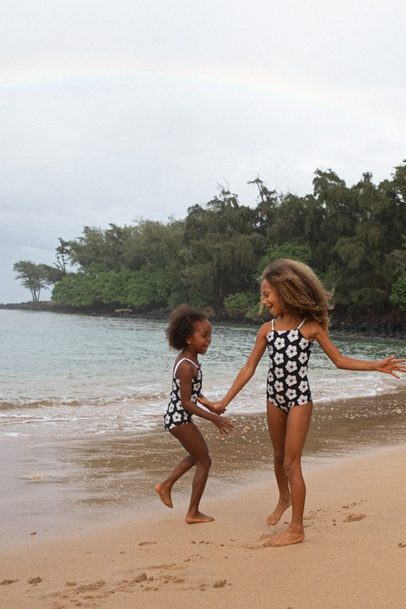 OF ONE SEA Girl's Strappy Kid's One Piece Reversible - Chocolate Shaka/Ilima Flower