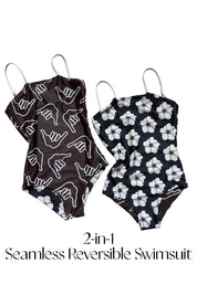 OF ONE SEA Girl's Strappy Kid's One Piece Reversible - Chocolate Shaka/Ilima Flower