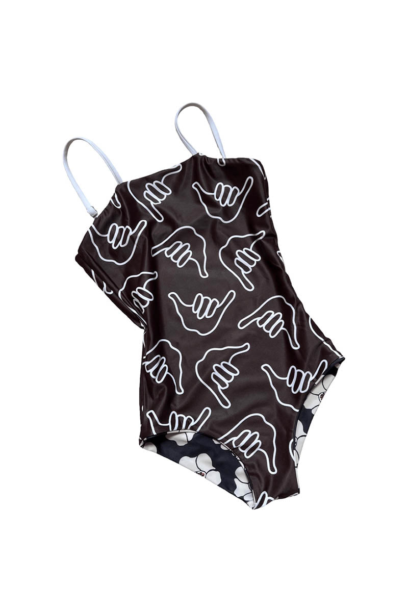 OF ONE SEA Girl's Strappy Kid's One Piece Reversible - Chocolate Shaka/Ilima Flower