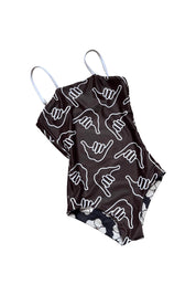 OF ONE SEA Girl's Strappy Kid's One Piece Reversible - Chocolate Shaka/Ilima Flower