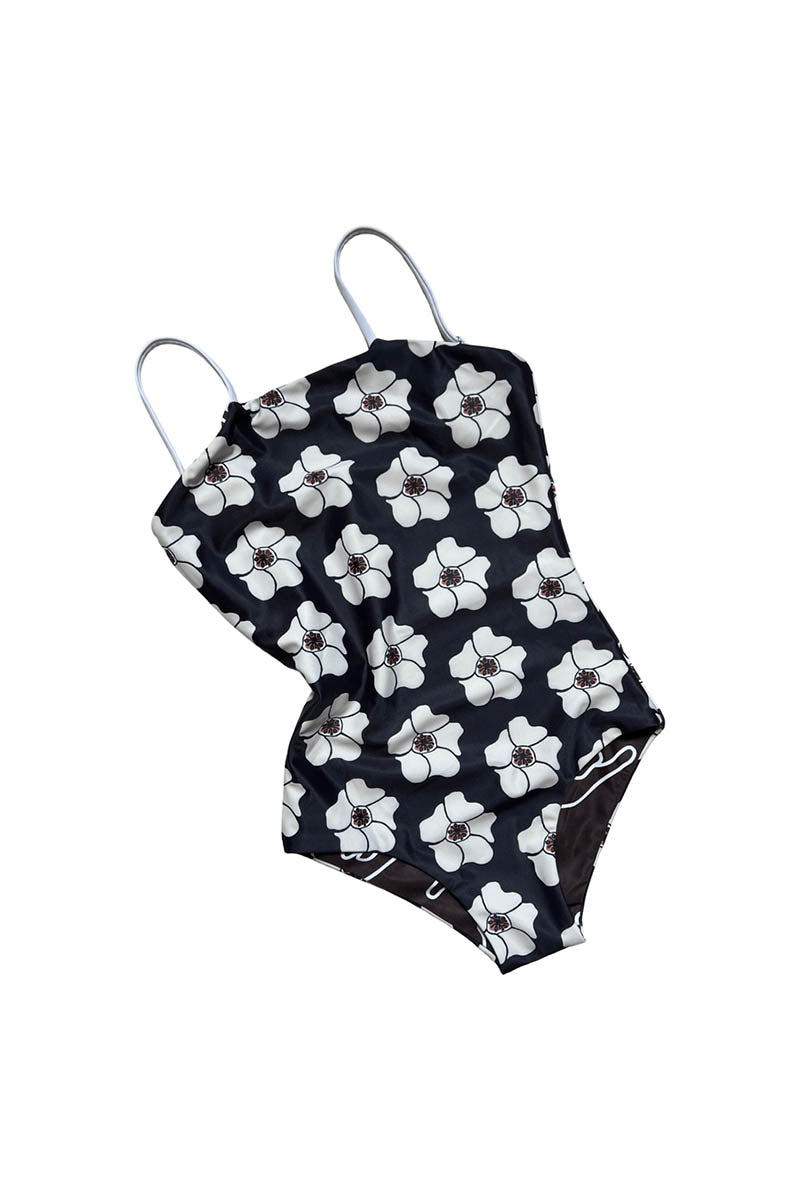 OF ONE SEA Girl's Strappy Kid's One Piece Reversible - Chocolate Shaka/Ilima Flower