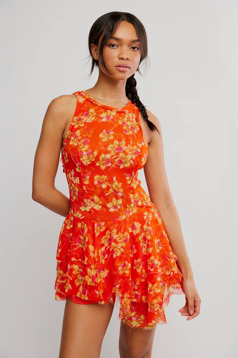 Free People Raven Printed Mini Dress (Red) Red / L