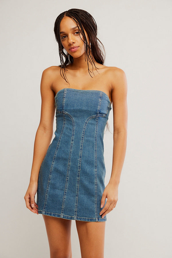 Free People Women's Alexa Strapless Mini Dress - Stone Wash Blue