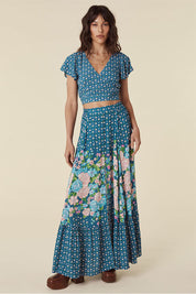Yellow Rose Maxi Skirt - Cornflower Blue