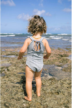 Girl's Cutout One Piece - Blue Bubble, Red Breadfruit